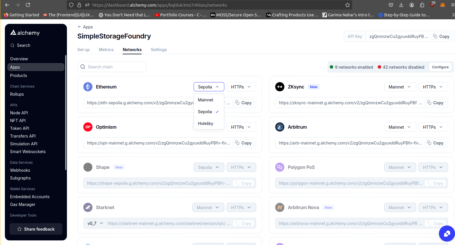 alchemy dashboard toggle network